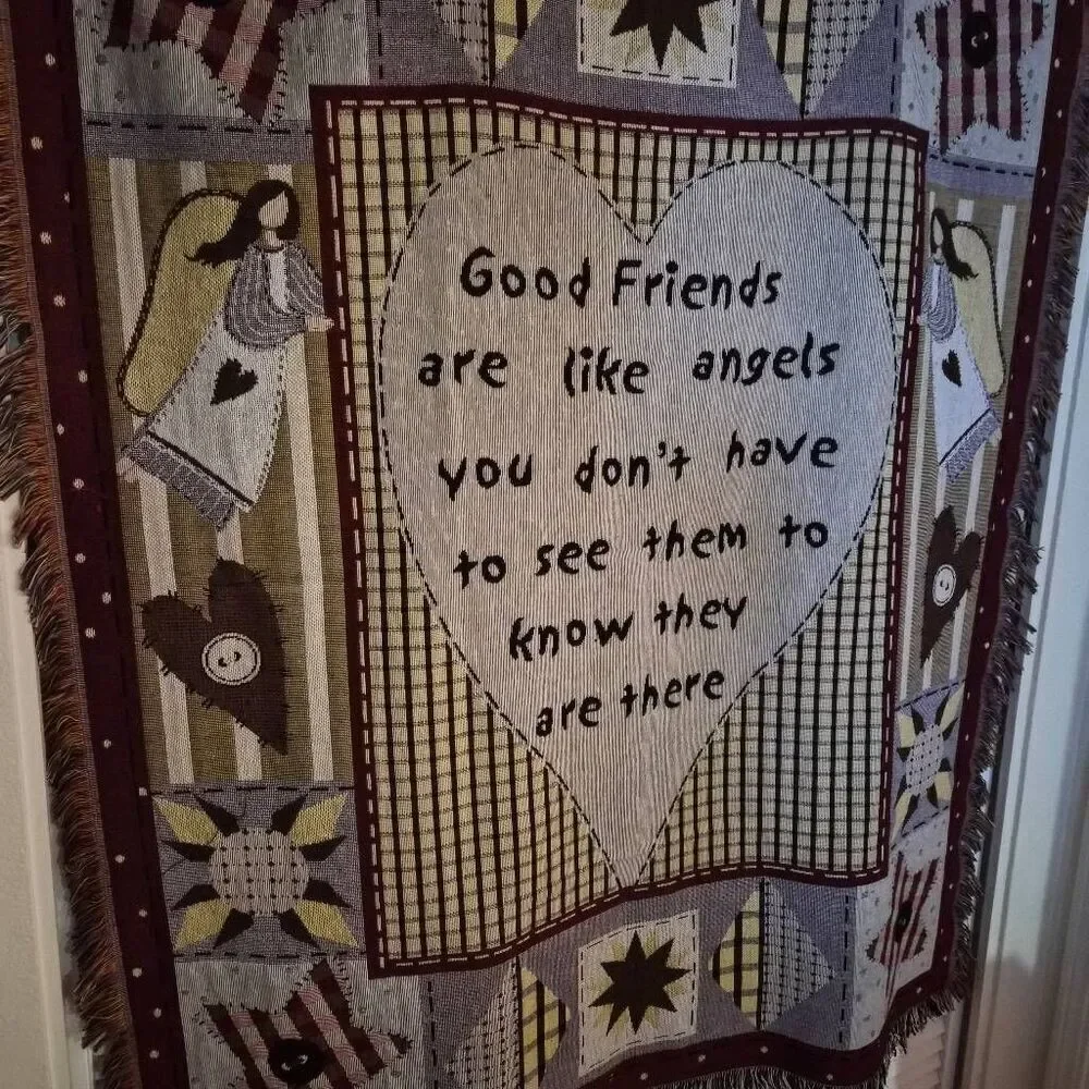 NWOT Good Friends are like Angels Tapestry Throw Blanket Throw: County Patchwork